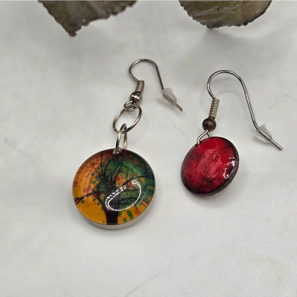 "5/$25" Mismatched Art Tree Circle Dangle Earrings - Picture 2 of 8
